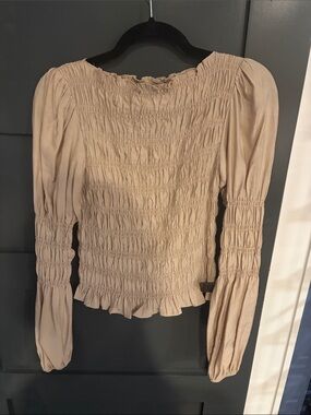 Smocked Long-Sleeve Peasant Top in Beige